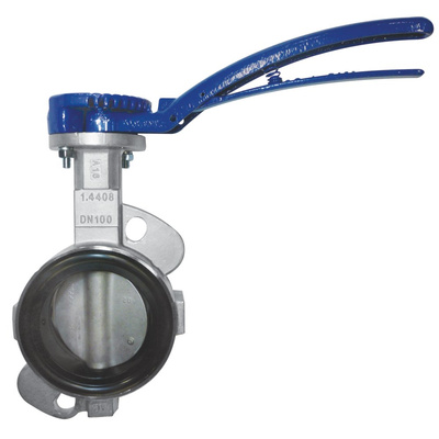 Przepustnica bezkołnierzowa SYLAX z napędem ręcznym dźwigniowym, dysk: AISI316, wykładzina: EPDM, korpus: stal nierdzewna AISI316, epoksyd., Pnom 1,6 MPa, tmax=120 st.C DN80