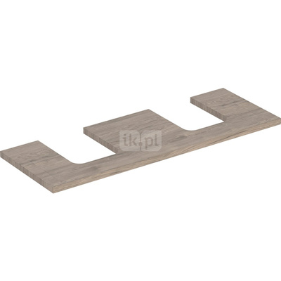 Blat pod umywalkę Geberit ONE z wycięciem, do umywalki nablatowej w kształcie misy: B=133.8cm, Orzech włoski hickory, Melamina, struktura drewna, Przekrój=Lewa i prawa strona