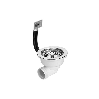 Spust zlewozmywakowy odejście poziome 11/2"x113mm z sitkiem wyciąganym ze stali nierdzewnej, przelew prostokątny