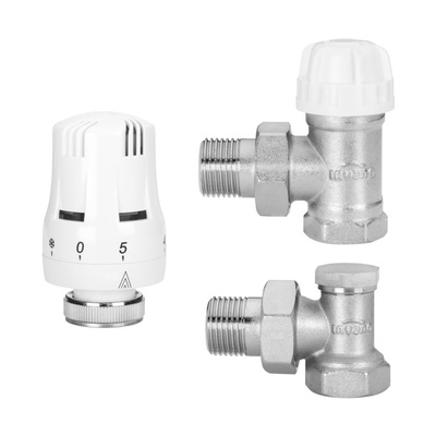 Komplet termostatyczny kątowy INVENA PROV - zawór termostatyczny, zawór powrotny, głowica mini PROV