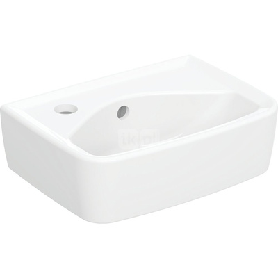 Umywalka mała Koło Rekord, kształt geometryczny, krótka: 35x25cm, Otwór na baterię=Lewa strona, Przelew=Widoczny, Biały