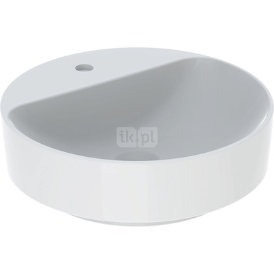 Umywalka GEBERIT Variform okrągła, biała, 450mm, otwór na baterię na środku, stawiana na blat, bez odpływu przelewowego, półka od ściany