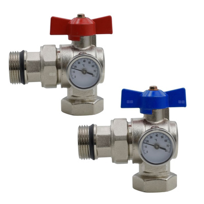 Zawór kulowy ze śrubunkiem z gwintem samouszczelniającym, termometrem i pokrętłem motylkowym, z GW/ GZ