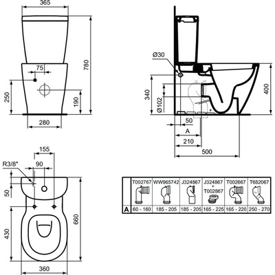 Miska WC stojąca IDEAL STANDARD CONNECT porcelana szklista biała, odpływ mocowane ściśle przylegające do ściany bez kołnierza wewnętrznego