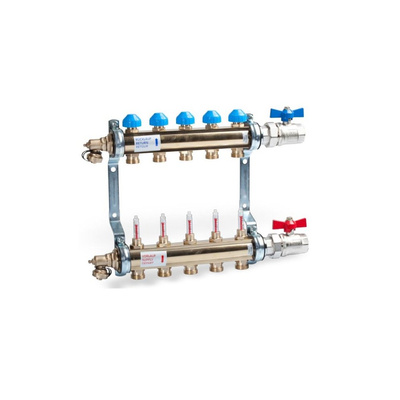 Rozdzielacz z 0-4l/min zasilanie dół, powrót górna, mosiądz, w zestawie obrotowe zawory kulowe, spust/odpowietrzenie HKV-T5-AS25
