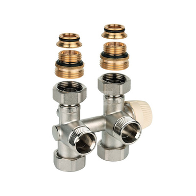 Zawór podwójny Therafix Uniwersal z zespolonym zaworem termostatycznym z wkładką SX, przyłącze grzejnika 3/4" gza., uszczelnienie płaskie  plus stożek, w zestawie nypel redukcyjny na 1/2" oraz osłona ozdobna: biała