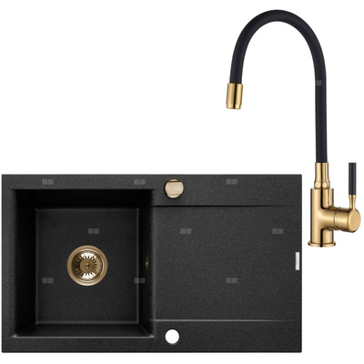 Komplet: zlewozmywak granitowy 1-komorowy z długim ociekaczem Tesalia i bateria zlewozmywakowa Glamour złota