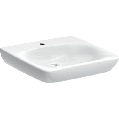 Umywalka GEBERIT Selnova Comfort kwadratowa, biała, 550mm, otwór na baterię na środku, bez odpływu przelewowego, półka od ściany