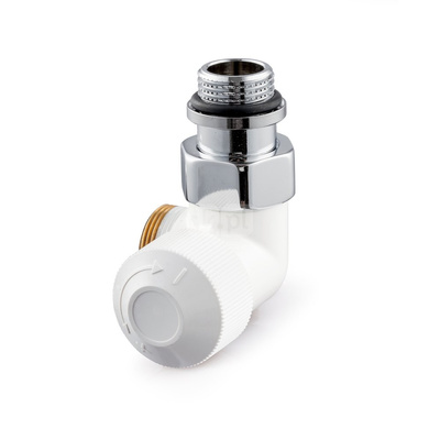 Zawór termostatyczny Thera Design, biały, narożny, prawy, 1/2", konieczne złączki FEM24C/FEM24P/FEM24M