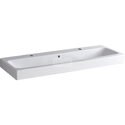 Umywalka GEBERIT iCon 2-stanowiskowa prostokątna, biała, 1200mm, otwór na baterię na środku, z odpływem przelewowym, półka od ściany