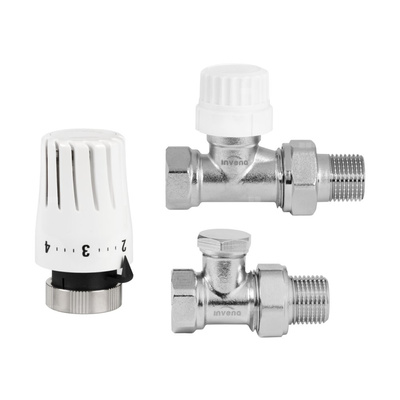 Komplet termostatyczny prosty INVENA PROV - zawór termostatyczny, zawór powrotny, głowica mini 2 PROV