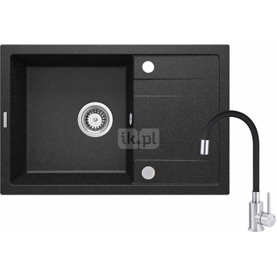 Zlew. corio grafit granit 1k z/o 670x440x175, 3,5" + bateria z elastyczną wylewką stal-czarny + osprzęt space-saver + zaślepka otworu