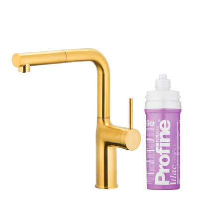 DUERO PURE MOVE PULL-OUT Bateria kuchenna z funkcją filtracji wody i wyciąganą wylewką, Brushed gold + Zestaw filtrujący PROFINE Lilac S