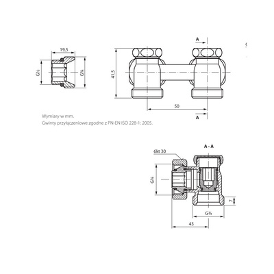 PHA-035 G1/2xG3/4 PN10 DN15 Zespół zaworów grzejnikowych K CuZn-C PN-M-75002