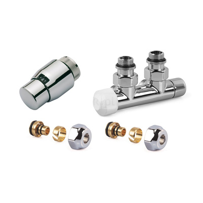 Zestaw CHROM do grzejników dolnozasilanych: głowica Thera-200 (chrom/chrom) T4221, zawór podwójny, kątowy lewy, V2882LSL15A + 2x złączka do rur wielowarstwowych FEM24M16X2