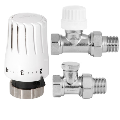 Komplet termostatyczny prosty z blokadą temperatury INVENA PROV - zawór termostatyczny, zawór powrotny, głowica mini 2 PROV