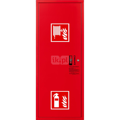 Hydrant DN 33 zawieszany boczny z miejscem na gaśnicę, wąż 20 m, ocynk fasada, zamek patent, RAL 3000 lewy