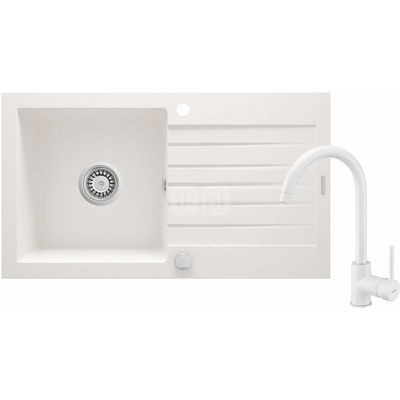 Zlew. zorba alabaster granit 1k z/o 760x440x160, 3,5" + osprzęt space-saver + bateria nemezja z wylewką "u"