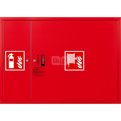 Hydrant DN 52 zawieszany z miejscem na gaśnicę obok kosza, wąż 15 m, zamek patent, RAL 3000