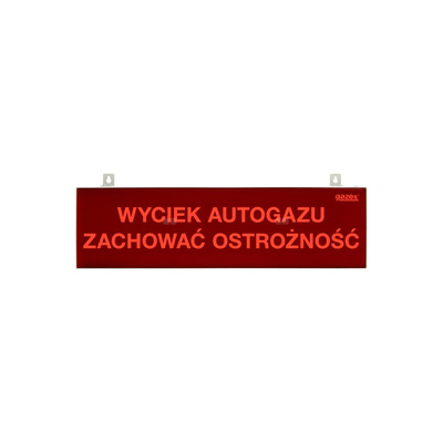 tablica ostrzegawcza dwustronna "WYCIEK AUTOGAZU ZACHOWAĆ OSTROŻNOŚĆ", podświetlenie czerwone LED, wbudowana cicha syrenka, zasilanie 230V