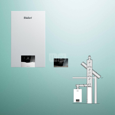 Pakiet - Kocioł gazowy dwufunkcyjny VAILLANT ecoTEC plus VCI 32CS/1-5 kondensacyjny wiszący 3.9 - 27 kW + RegulatorsensoCOMFORT 720 + Zestaw powietrzno-spalinowy szachtowy
