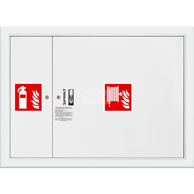 Hydrant DN 25 wnękowy z miejscem na gaśnicę obok zwijadła, wąż 20 m, zamek patent, RAL 9003