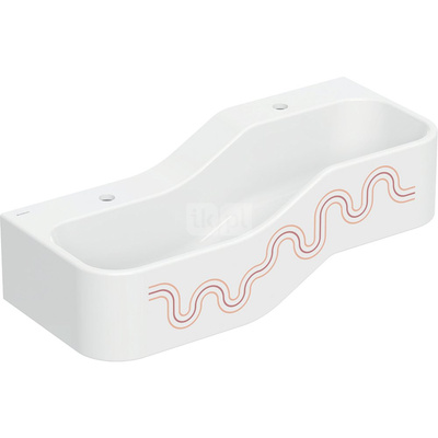 Umywalka GEBERIT Bambini 2-stanowiskowa prostokątna (rynna, elementy dekoracyjne), biała, 900mm, otwór na baterię na środku (x2), bez odpływu przelewowego, półka od ściany