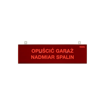 tablica ostrzegawcza "OPUŚCIĆ GARAŻ NADMIAR SPALIN", podświetlenie czerwone LED, wbudowana cicha syrenka, zasilanie 12/24V