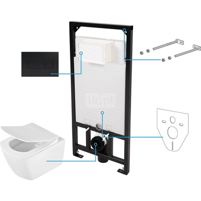 Miska wisząca anemon biała + deska + stelaż + przycisk nero