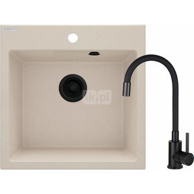 Set: zlew. granit zqj 5103 beż + bateria z elastyczną wylewką boc n72m nero + osprzęt nero