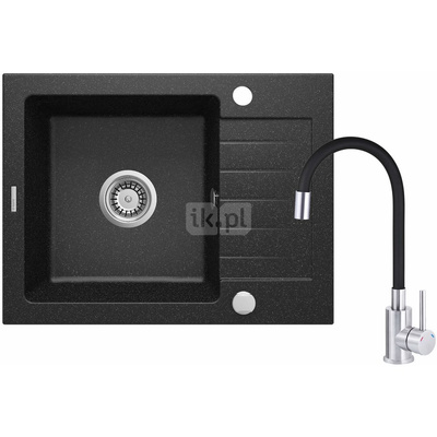 Set: zlew. granitowy zqz_211a grafit + bateria z wylewką elastyczną boc_b720 stal-czarny + osprzęt