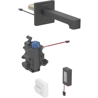 Bateria umywalkowa Geberit Brenta, ścienna, zasilanie bateryjne, do podtynkowej skrzynki funkcyjnej, z mieszaczem termostatycznym, L=22cm, czarny mat