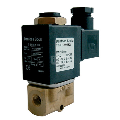 Typ AKB2 - zawór elektromagnetyczny bezpośredniego działania wraz z cewką, normalnie zamknięty, zasilanie: 24V DC, uszczelki i membrana: FKM, Pnom 3,5 MPa, tmax=100 st.C. 1/2''