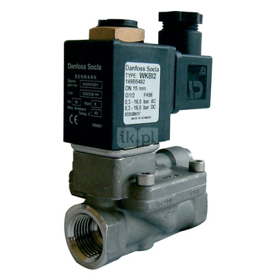 Typ WBI2 - zawór elektromagnetyczny z serwosterowaniem wraz z cewką, normalnie zamknięty, zasilanie: 230V 50Hz, uszczelki i membrana: FKM, Pnom 1,0 MPa, tmax=100 st.C. 3/4''