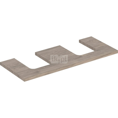 Blat pod umywalkę Geberit ONE z wycięciem, do umywalki nablatowej w kształcie misy: B=119cm, Orzech włoski hickory, Melamina, struktura drewna, Przekrój=Lewa i prawa strona