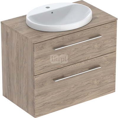 Zestaw szafki z blatem pod umywalkę Geberit Selnova Square, B79.1cm, H70.3cm, T50.2cm, z dwiema szufladami, orzech włoski hickory, z umywalką wpuszczaną w blat, z przelewem, z otworem na baterię