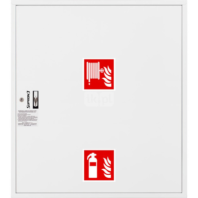 Hydrant DN 33 zawieszany z miejscem na gaśnicę pod zwijadłem, wąż 20 m, ocynk fasada, zamek patent, RAL 9003