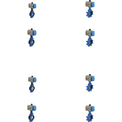 Przepustnica bezkołnierzowa SYLAX z napędem pneumatycznym SOCLA dwustronnego działania (ciśnienie powietrza zasilającego 6 bar), dysk: AISI316, wykładzina: EPDM, korpus: GG25 epoksyd., Pnom 1,6 MPa, tmax=120 st.C DN 50