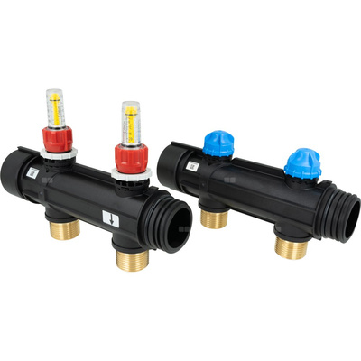 Dwa obiegi rozdzielacza ProCalida IN 1 1/2'', rozstaw 100 mm, G1'', rotametry 4÷20 l/min