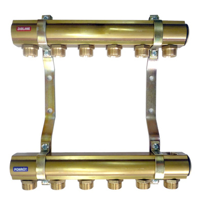 Rozdzielacz do instalacji c.o. QIK mosiądz GW 1'', 16-obieg. GZ 3/4'' z nyplami
