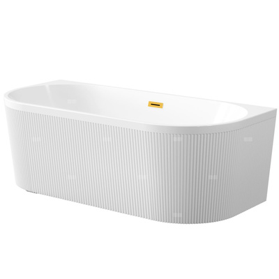 Wolnostojąca wanna przyścienna ryflowana Glamour 170 cm, w komplecie z syfonem i korkiem/odpływem w kolorze złotym