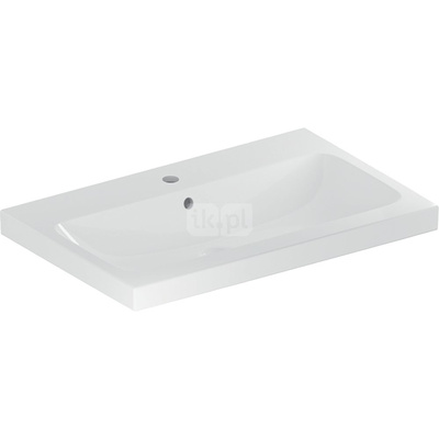 Umywalka GEBERIT iCon Light prostokątna, biała / KeraTect, 750mm, otwór na baterię na środku, z odpływem przelewowym, półka od ściany