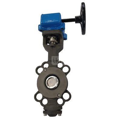 Przepustnica bezkołnierzowa EMARIS z przekładnią ślimakową, dysk: AISI316, wykładzina: PTFE +15% Grafit, korpus: stal WCB, Pnom 2,5 MPa, tmax=260 st.C DN 125