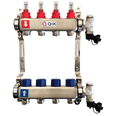Rozdzielacz do ogrzewania podłogowego QIK BASIC II 6-obieg. inox GW 1'' x GZ 3/4'' + przepływomierz
