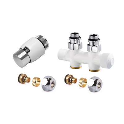 Zestaw BIAŁY do grzejników dolnozasilanych: głowica Thera-200 (biała/chrom) T4021, zawór podwójny, prosty, V2881DSL15A + 2x złączka do rur wielowarstwowych FEM24M16X2