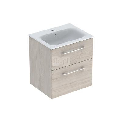 Zestaw umywalki meblowej Geberit Selnova Square, slim rim, z szafką pod umywalkę, z dwoma szufladami: B1=58.8cm, T=50.2cm, Otwór na baterię=Na środku, Przelew=Widoczny, Orzech włoski hickory jasny