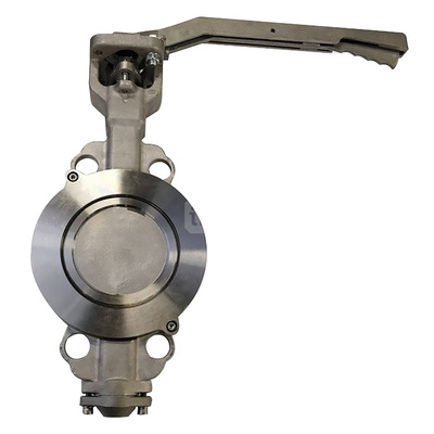 Przepustnica bezkołnierzowa EMARIS z dźwignią reczną, dysk: AISI316, wykładzina: PTFE +15% Grafit, korpus: AISI316, Pnom 2,5 MPa, tmax=260 st.C DN 200