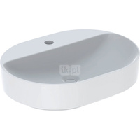 Umywalka GEBERIT Variform eliptyczna, biała, 600mm, otwór na baterię na środku, stawiana na blat, bez odpływu przelewowego, półka od ściany