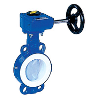 Przepustnica bezkołnierzowa LYCENE z przekładnią ślimakową, dysk: powlekany PFA, wykładzina: PTFE, korpus: GGG40 epoksyd., Pnom 1,0 MPa, tmax=200 st.C DN65