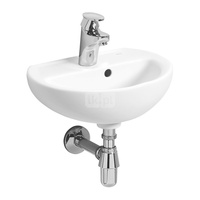 Umywalka mała Koło Rekord z asymetrycznym przelewem: 40x33cm, Otwór na baterię=Na środku, Przelew=Widoczny, Biały